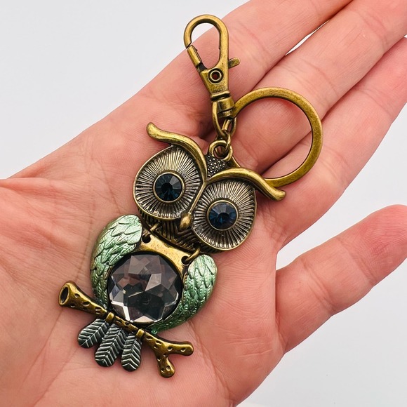 Owl Keychain Antiqued Gold Metal Boho 3” Repurposed Giftable Handmade - Picture 2 of 6
